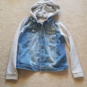Distressed Blue Jean Jacket-Gray Sleeve and Hood